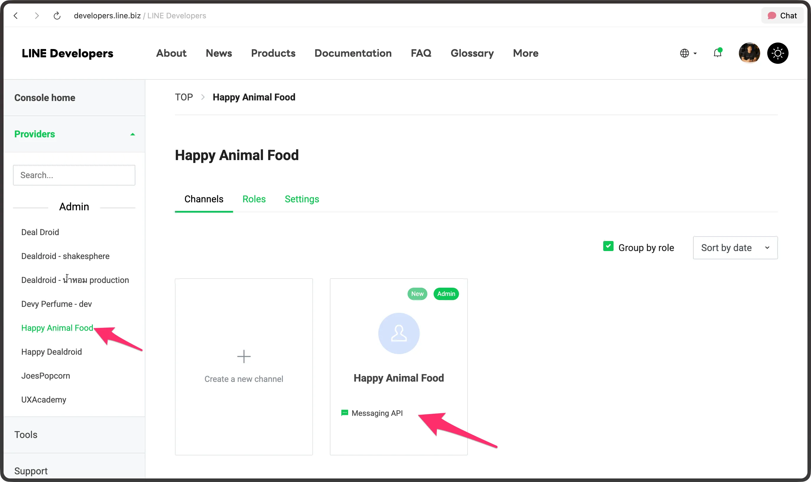 Line Developers Console page, arrow point at Provider and Channel