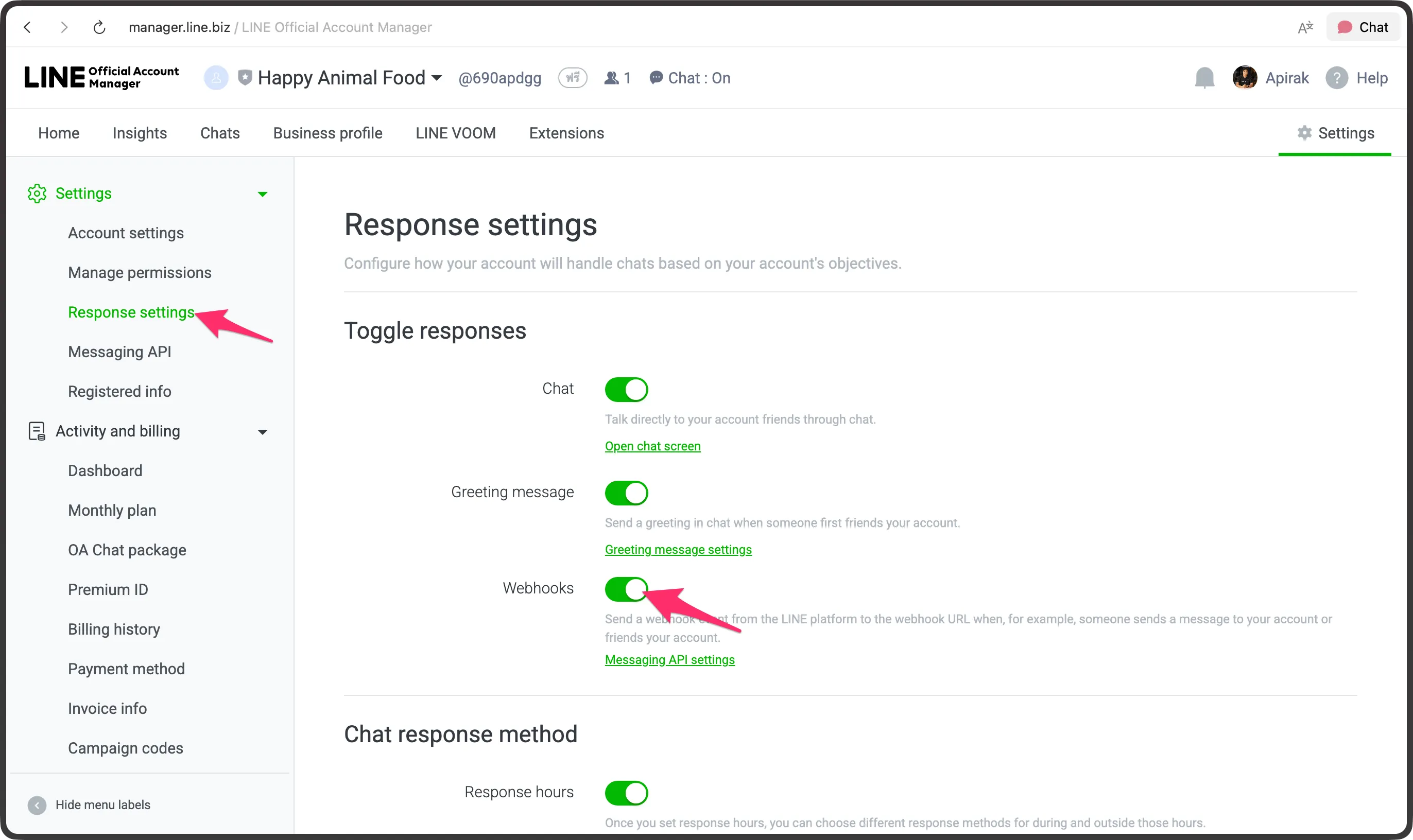 Line Official Account Response settings page, arrow point at Menu Response settings and Enable webhook toggle button
