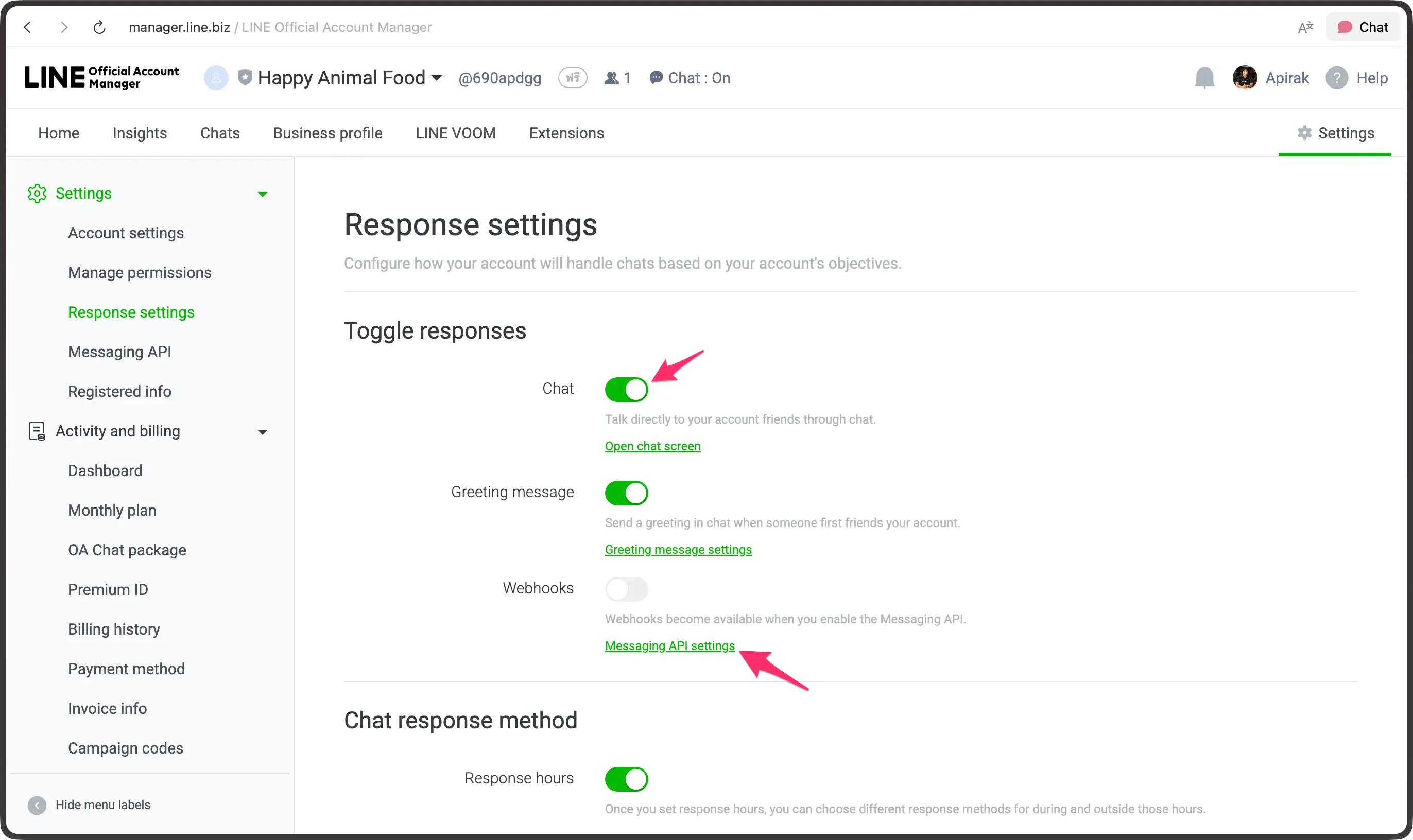 Response settings page, arrow point at Chat toggle button and point at Messaging API settings
