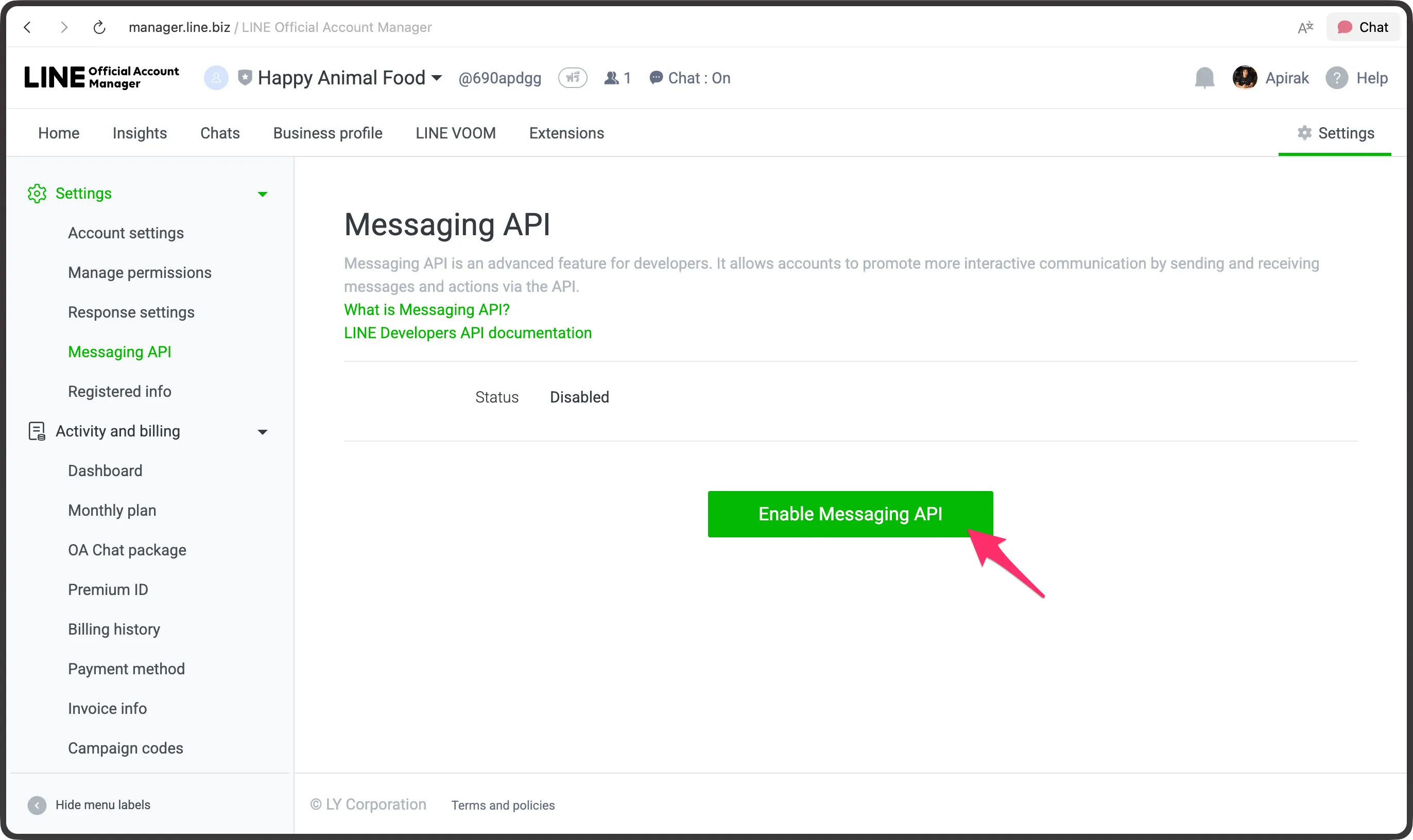 Messaging API settings page, point at Enable Messaging API