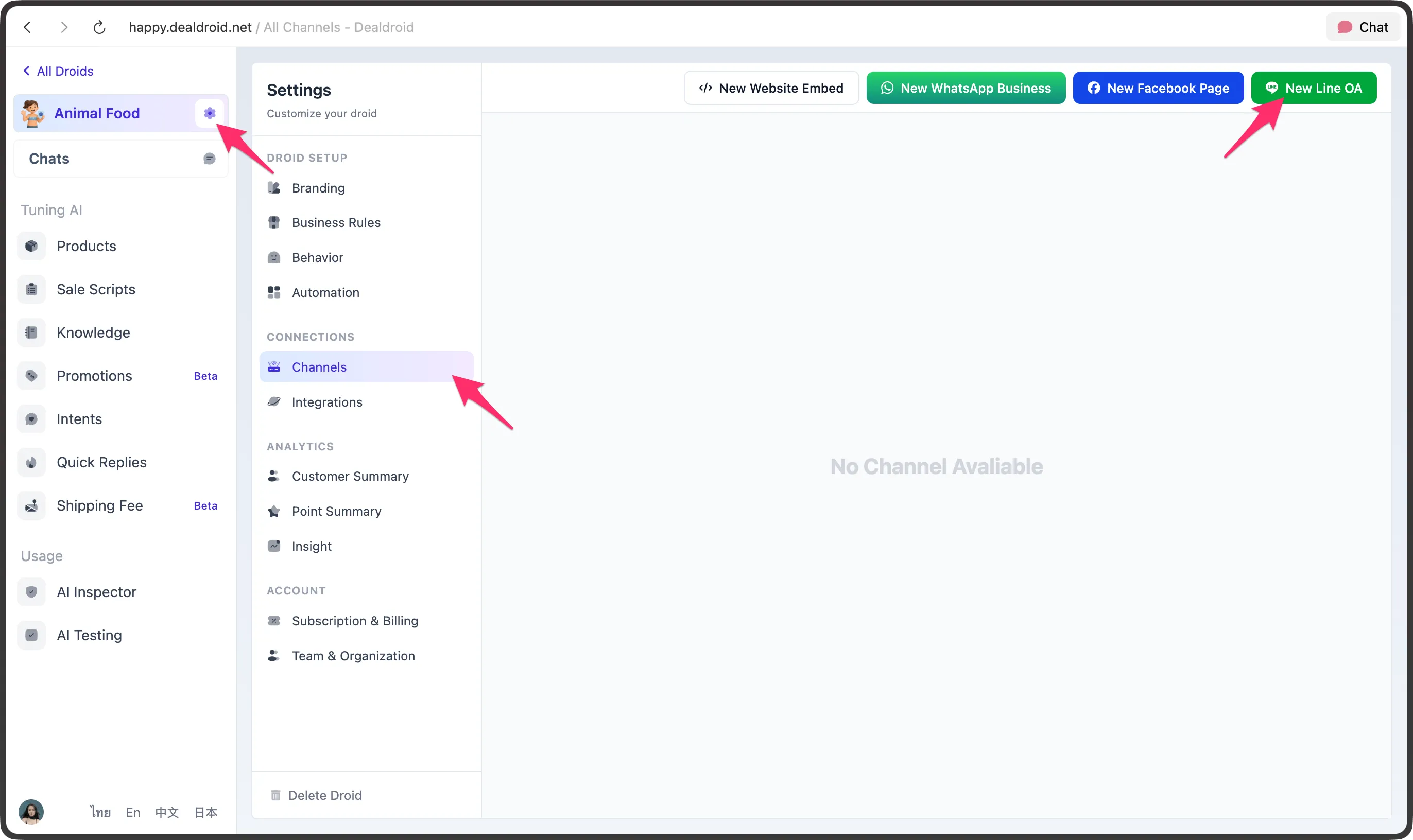 Dealdroid Channel settings page, arrow point at Setting icon, point at Channels menu, and point at New Line OA button