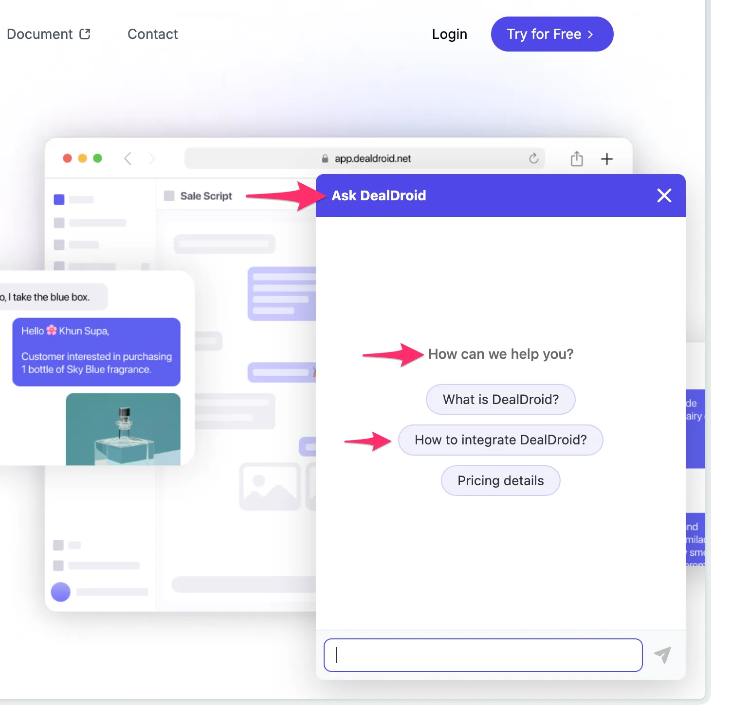 Chat widget showing customized title, welcome message, and suggested questions
