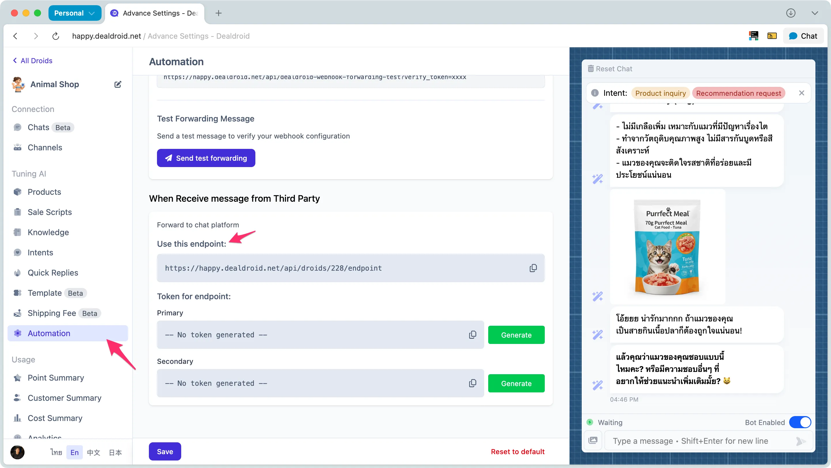 Automation panel showing endpoint token