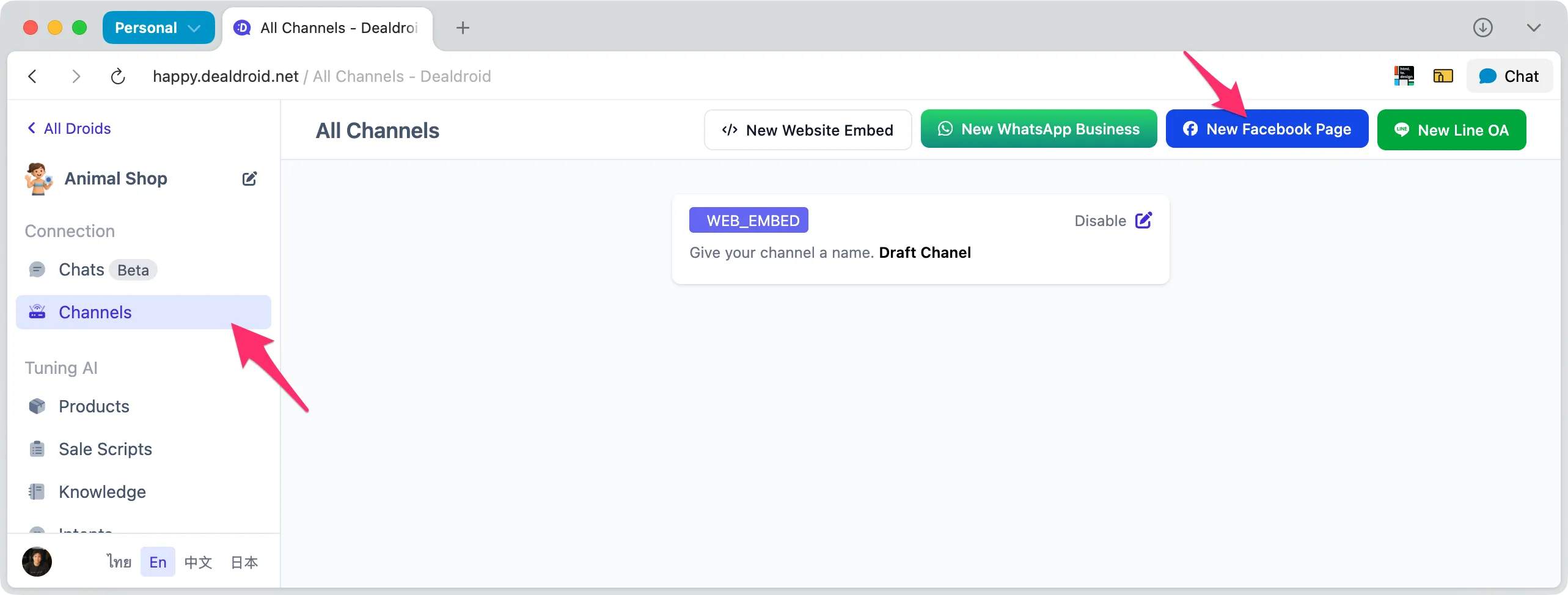 All Channels page with New Facebook Page button