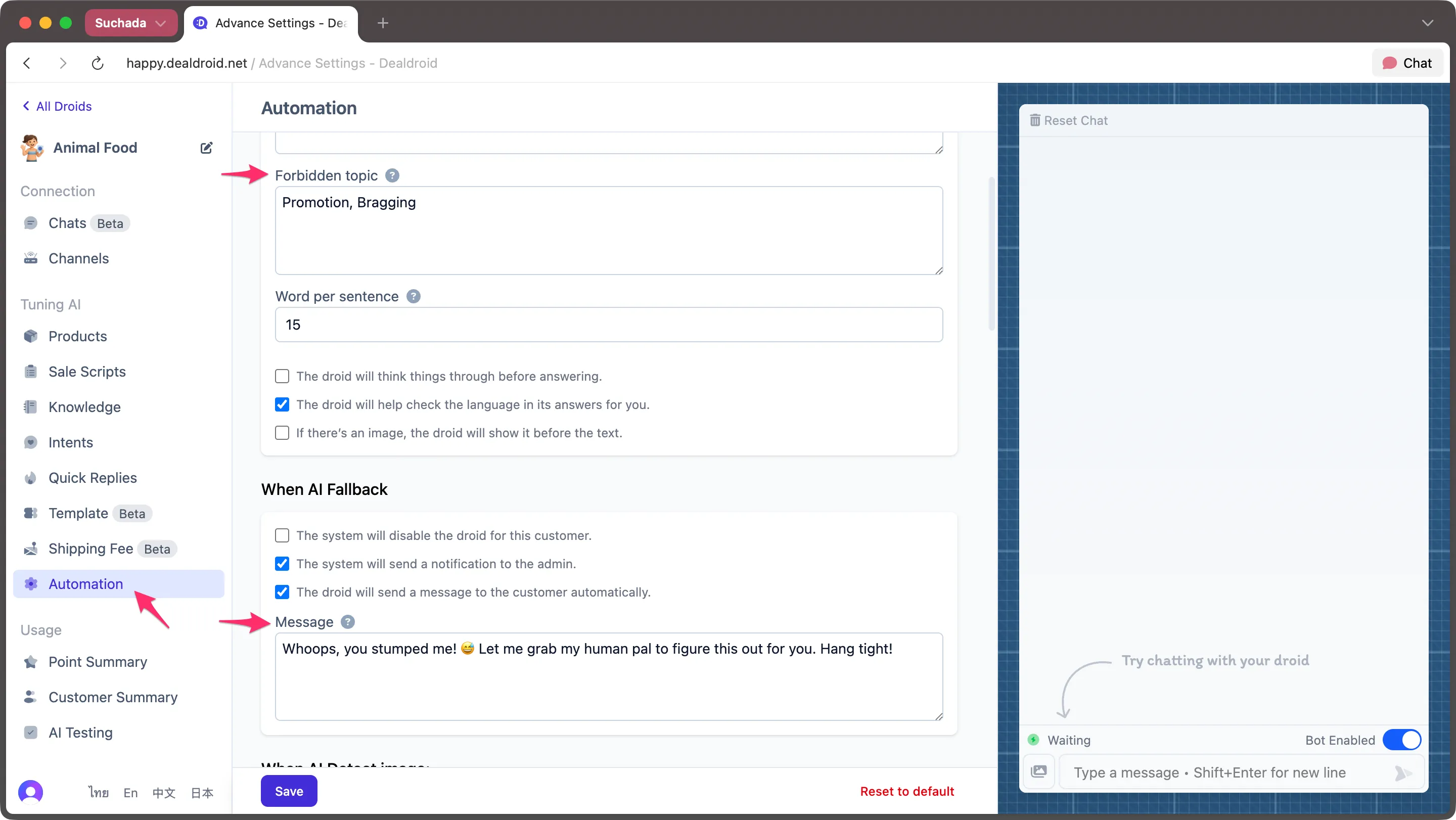 Automation settings showing forbidden topics
