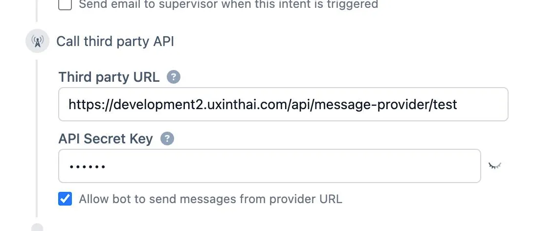 Intent webhook configuration showing URL, secret key, and checkbox fields
