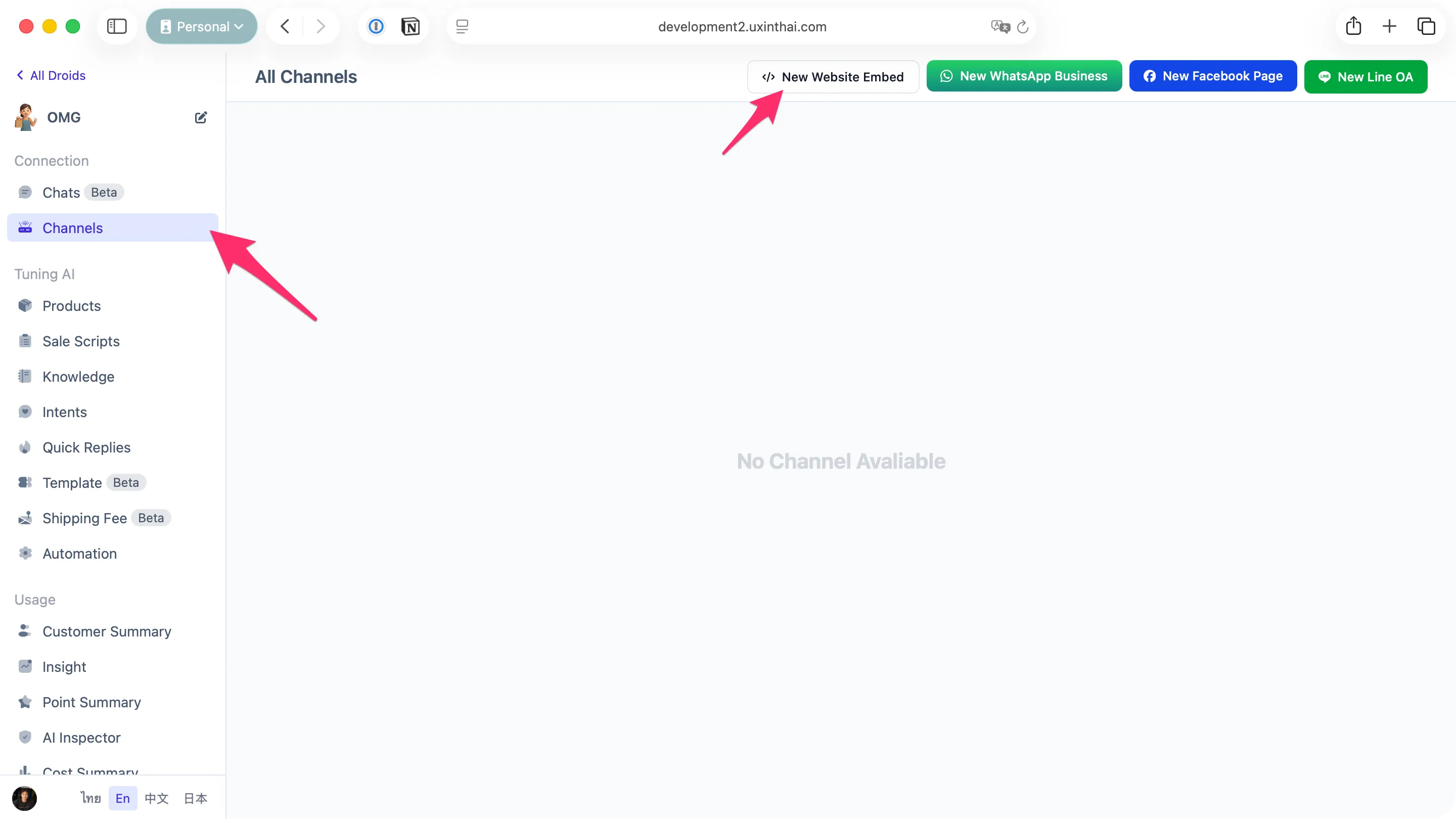Channels page with New Website Embed button