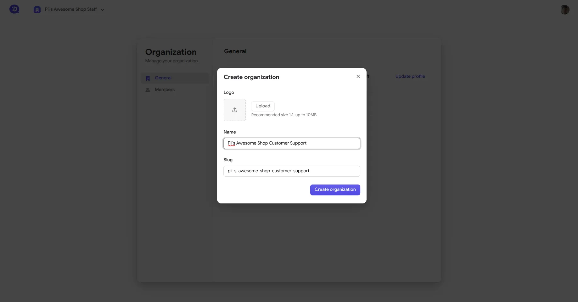 Create organization form