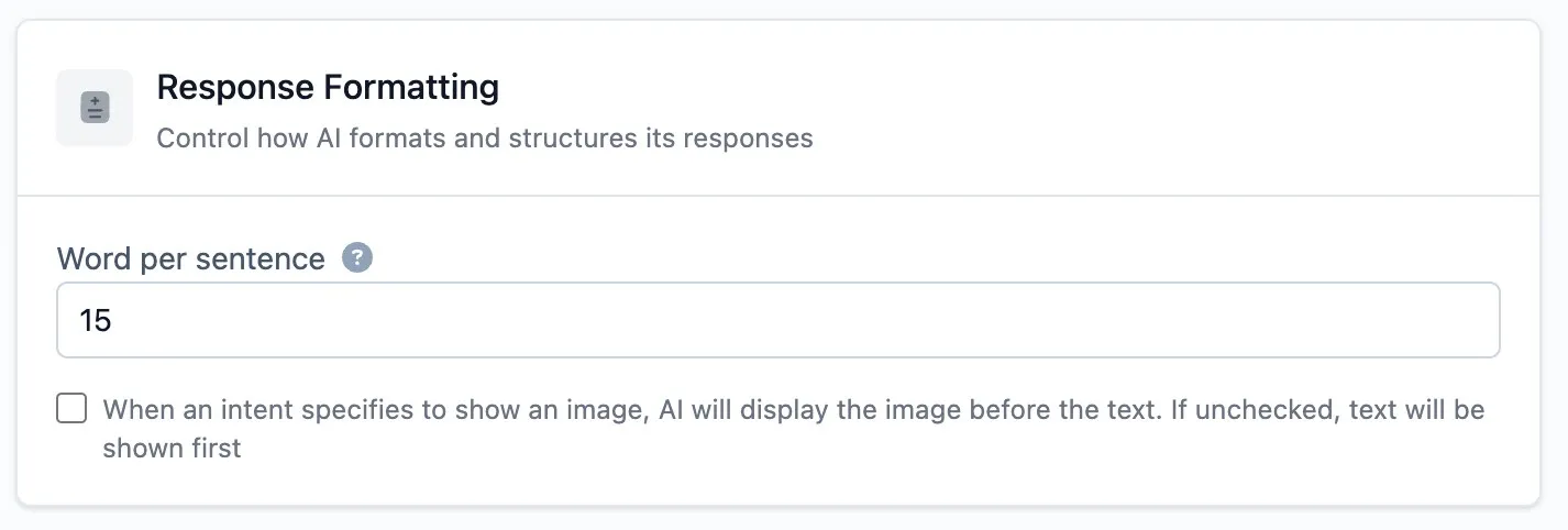 Response Formatting section showing sentence length and image order settings