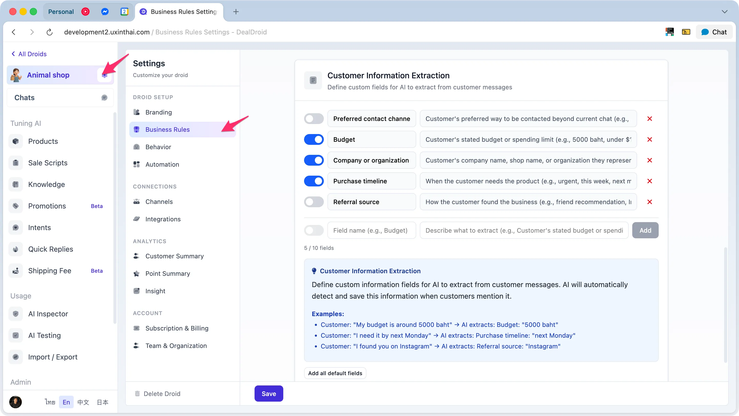 Business Rules page showing Custom Information Extraction section with arrows pointing to Settings and Business Rules menu